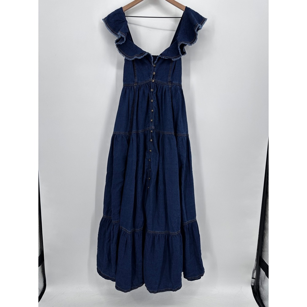 Pilcro Sweetheart Flutter Sleeve Denim Button Down Maxi Dress Small Blue Pockets - Picture 3 of 14